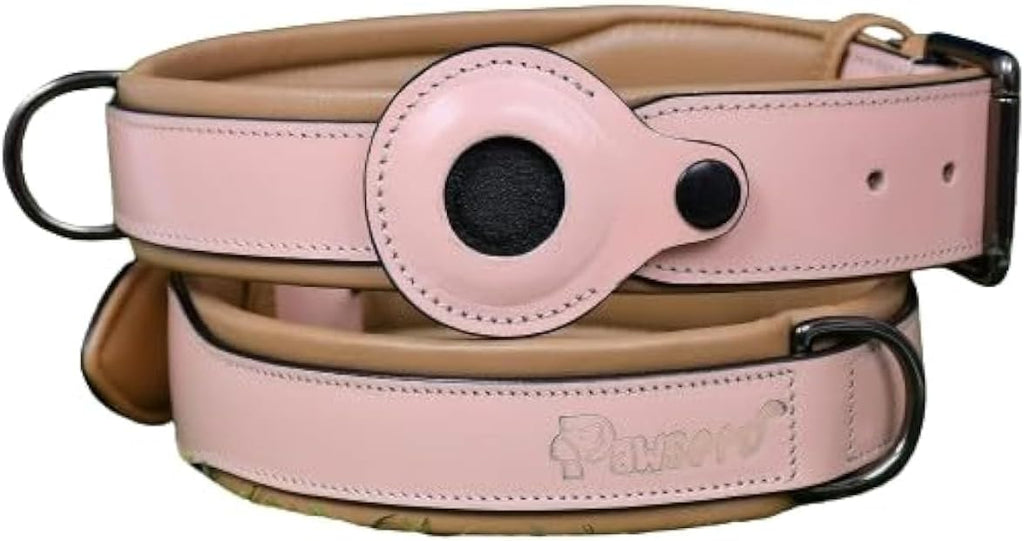 PAWSOFT® Airtag Leather Dog Collar for Medium Large and Extra Large Dog - Soft Padded, Heavy Duty Dog Collar Rust Proof Metal Buckle, Gift for Pets Size-XL (Fits Neck 21-25 inches) Pink