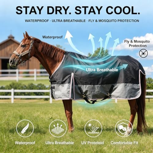 Equoray Horse Rug Fly Sheet Waterproof Rainproof Mosquito Repellent Breathable Turnout Blanket for Horses Spring or Mild Weather Use, Black