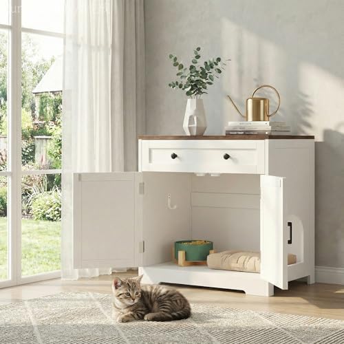 Cat Litter Box Enclosure with Storage Drawers, Hidden Litter Box Wooden Furniture, Modern Farmhouse Indoor Cat House, Multifunctional Side Table, White