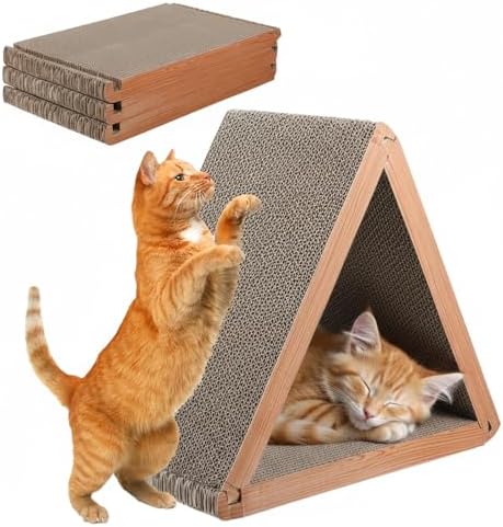 3-Sided Vertical Cat Scratching Post, Cat Scratcher Foldable, Triangle Cats Scratching Board, Multiple Angle Scratch Pad, 6 Usable Sides Recyclable Scratcher Cardboard for Indoor Cats (Pack of 3)