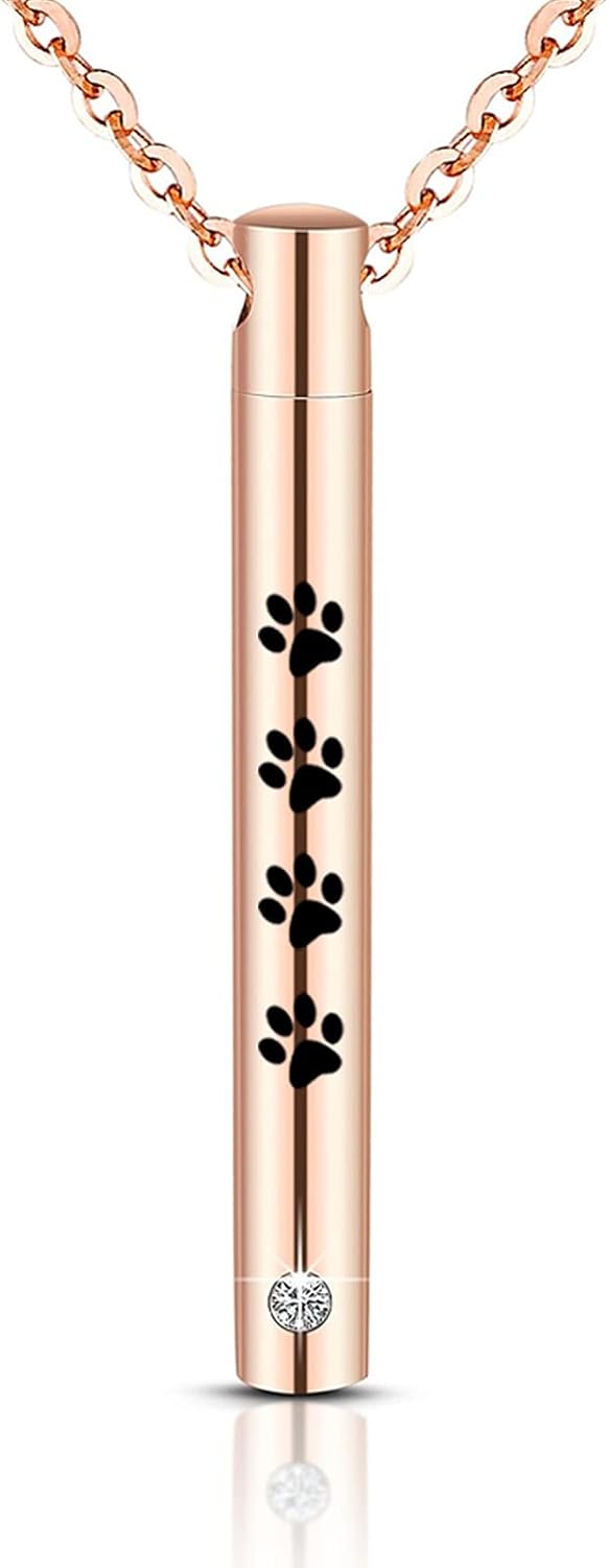 Cylinder Cremation Urn Necklace for Ashes Memorial Keepsake Pendant with Pet Paw Stainless Steel Remembrance Jewelry
