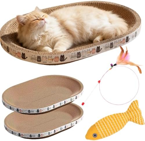 Cat Scratcher Bed with Toys, 2 Pack Oval Cat Scratcher Cardboard, Indoor Cat Scratch Bowl, Large Pad Cat Scratching Board with Catnip Fish Toy & Feather Wand for Furniture Protector