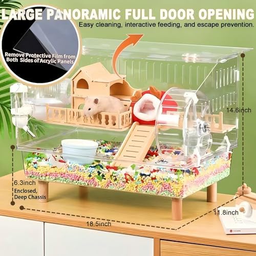 8 in 1 Acrylic Hamster Cage with All Accessories,18.5"x11.8"x14.6",2-Layer Hamster House with Full Transparent Viewing,Top Open Mouse Cage for Pet Mice,Hamster Habitat for Dwarf Hamster,Gerbils