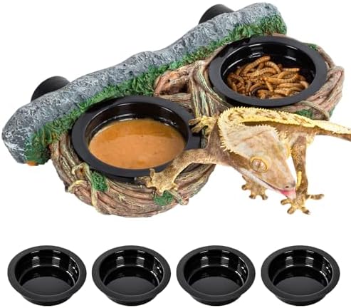 REPTI ZOO Magnetic Reptile Feeding Ledge, Gecko Feeder Ledge with 4PCS Cups, Hollow Vine Food Dish, Reptile Water Bowl for Bearded Dragon Lizard Snake Turtle, Terrarium Tank Accessories