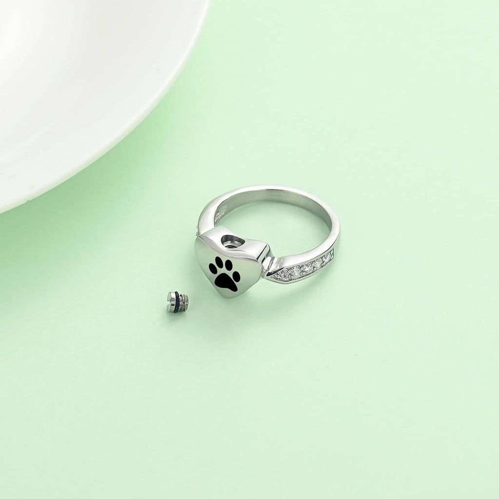 Love Heart Urn Ring for pet Dog Cat's Ashes Keepsake Memorial Jewelry Paw Print Cremation Finger Rings