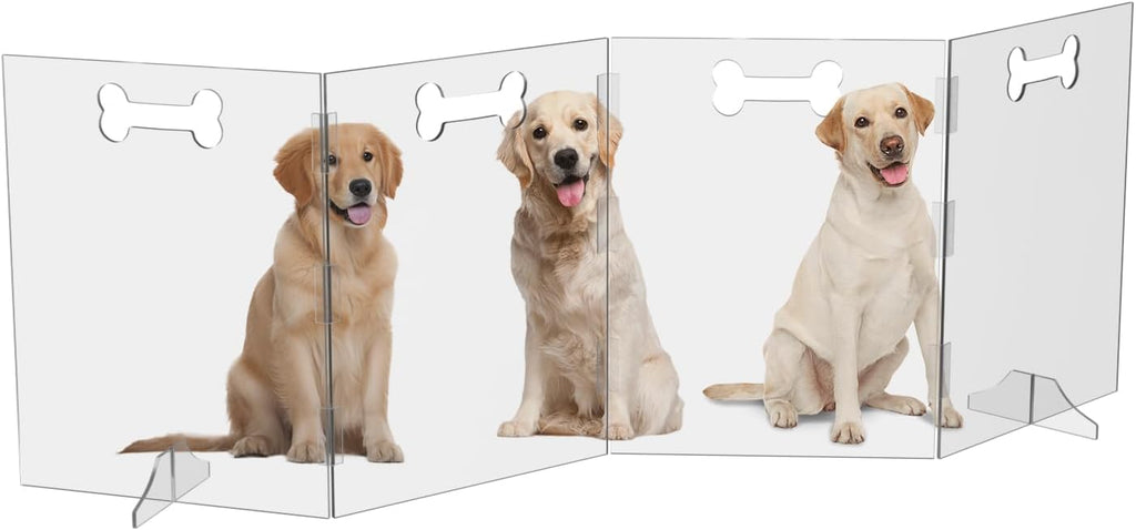 Clear Acrylic Dog Gate, 4 Panel 96" W x 31.5" H, Transparent Freestanding Pet Playpen Indoor, Foldable Pet Fence Barrier for Doorway with Handle/Support Feet