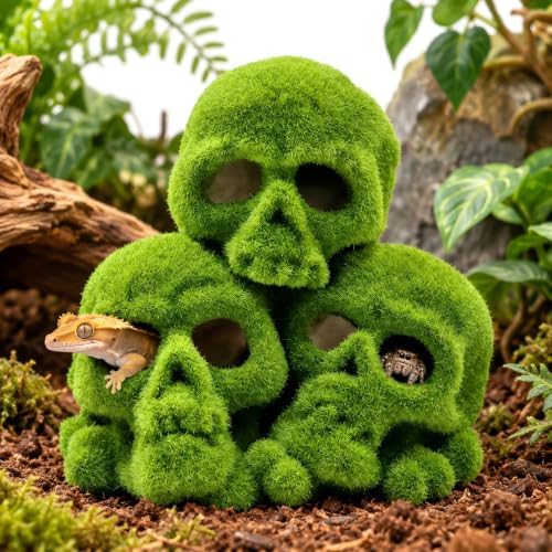 Moss Skull Terrarium Decor, Reptile Hide Tank Accessories for Gecko Lizard