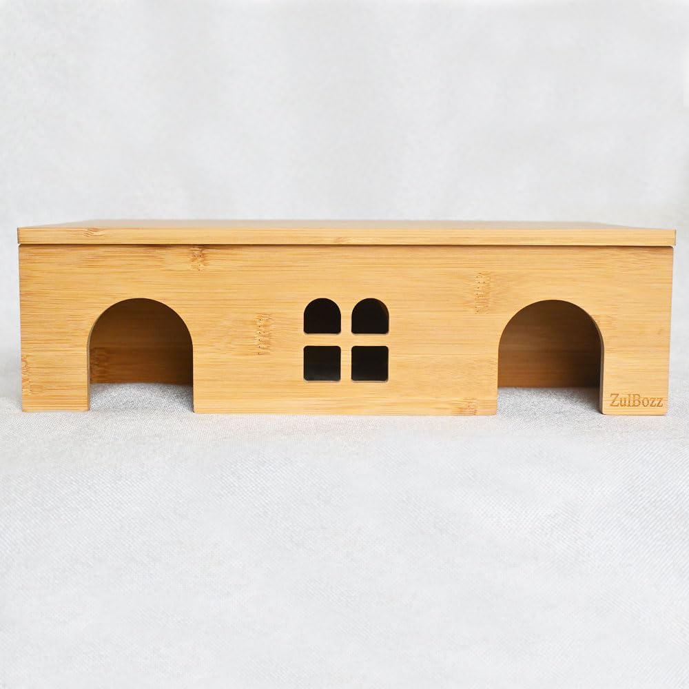 0.3" Thick Bamboo Hamster Maze, Pre-Assembled 6-Room Multi-Chamber House, Safe One-Piece Hideaway, No-Moving-Lid Wooden Habitat for Dwarf Hamster, Mouse, 12.2 x 8.4 x 3.6 in, Medium