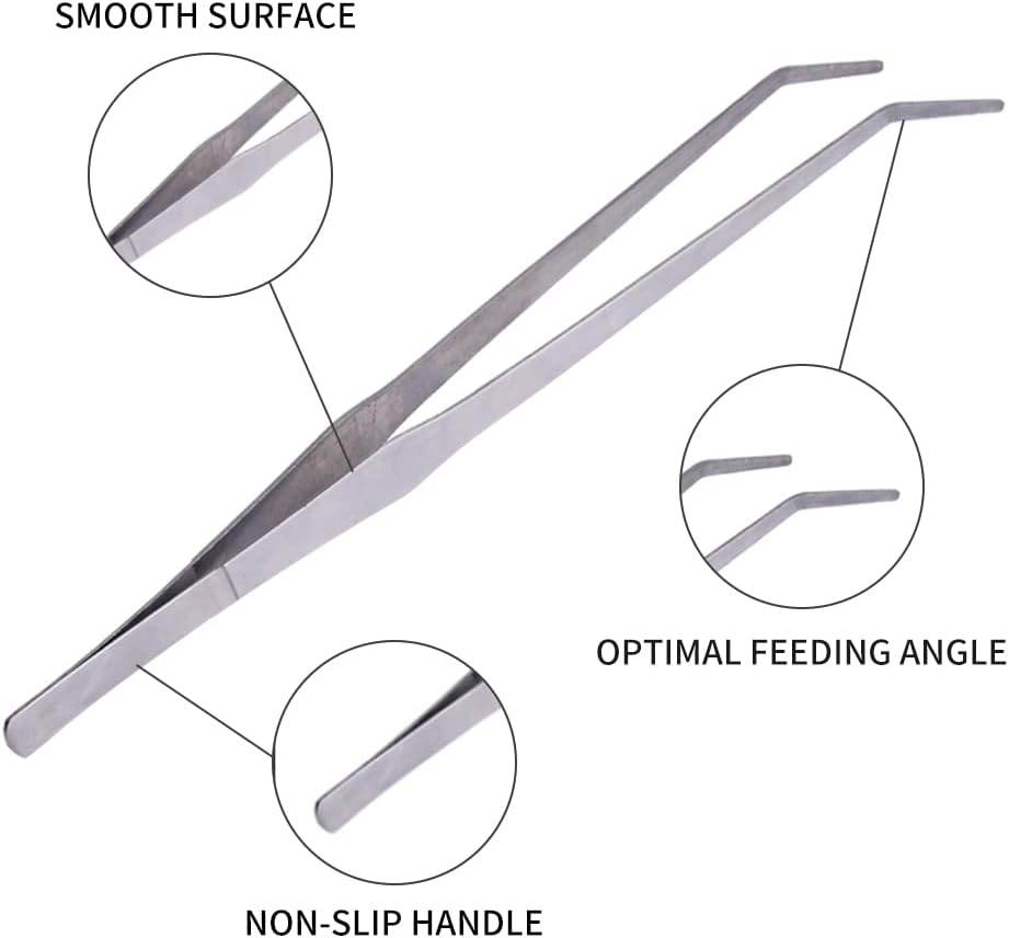 Extra Long Handle Aquarium Tweezers Serving Tongs Feed clamp,2 Pack Stainless Steel Straight and Curved Tweezers Set for Fish Tank Plants Reptile Feeding Tongs（15 Inchs）