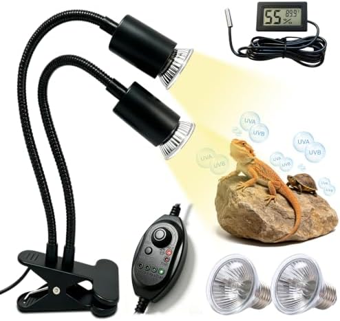 Dual-Head Reptile Heat Lamp with Timer & Waterproof Metal Probe Hygrothermograph, 2×25W UVA UVB Basking Light for Turtle Lizard Snake Bearded Dragon