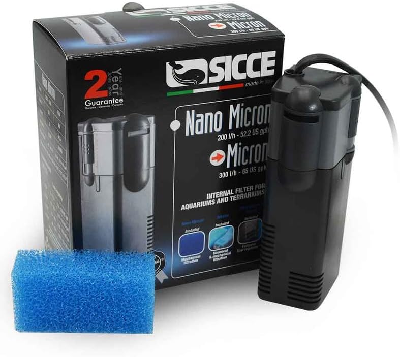 SICCE Nano Micron Small Internal Aquarium Filter 53 GPH Submersible | in-Tank Freshwater Saltwater Turtle Aquariums Application with Removable Filter Sponge