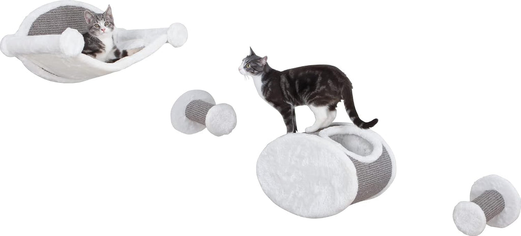 Trixie Wall Mounted Cat Lookout Set – Climbing Shelves with Sisal Steps & Plush Platforms – Wall-Mounted Cat Shelves for Scratching & Lounging – Light Gray-Greige, 12.75 x 18.75 x 6.25 in
