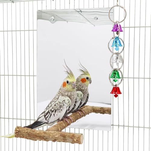 Bird Mirror Toy with Perch Stand, Parrot Parakeet Mirror with Bird Swing Bell Toys, Bird Cage Accessories, Suitable for Parakeet Cockatiel Conure Lovebirds - 7.9 × 6.3 Inch