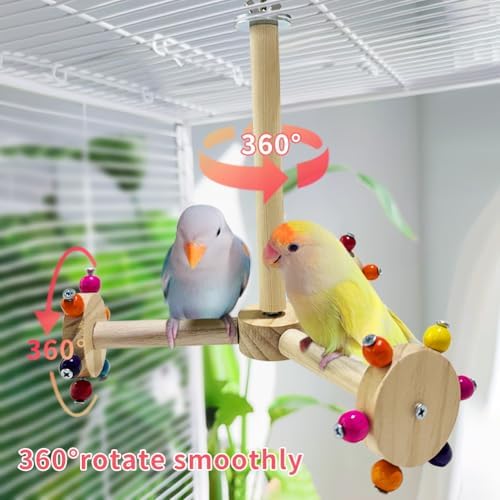 La La Pet Spinning Parrot Perch Stand Rotating Wood Windmill Hanging Perch Roller with Colorful Beads Funny Birdcage Toys for Conures Parrots Parakeets