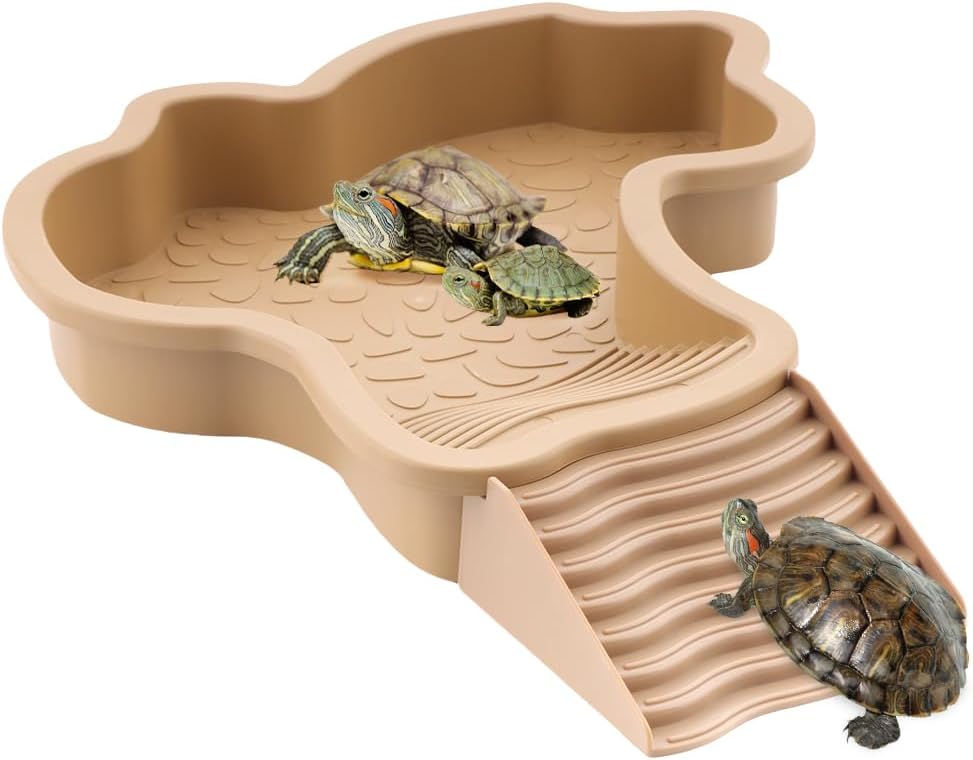 Large Reptile Bathing Pool Turtle Food Water Bowls with Ramp Aquarium Ornament for Turtle Horned Frog Lizard Gecko Snake (Brown)