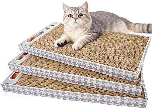 Cat Scratching Board 3 Pack – Reversible Cardboard Scratcher for Indoor Cats, Wide Boxed Scratch Pads with Bell Ball, Durable Corrugated scratchers as Furniture Protector