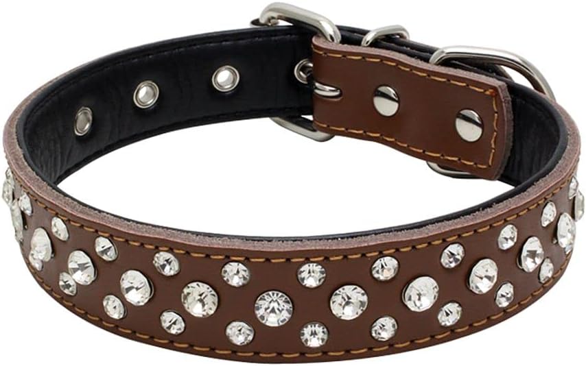 Rhinestones Dog Collar, Adjustable Sparkly Crystal Studded Genuine Leather Pet Dog Collar for Small and Medium Dogs (M, Red)