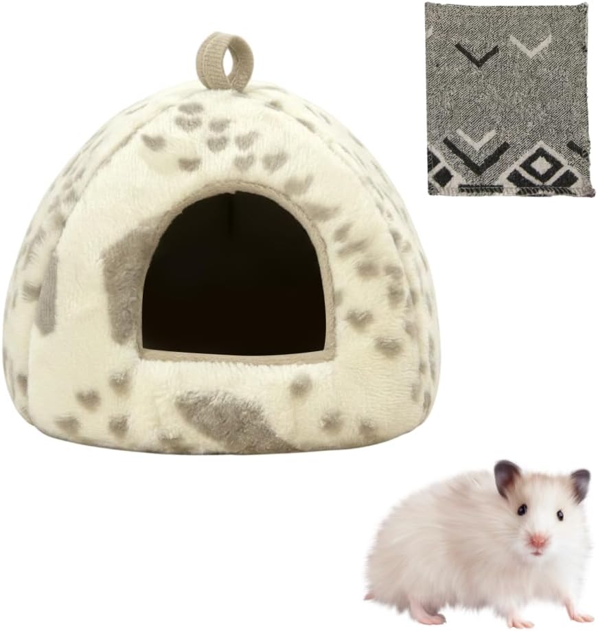 Hamster Hideout Bed, 5.91 inch Plush Small Animal Yurt House with Removable Cushion, Soft Coral Fleece Guinea Pig Warming Den for Chinchillas Hedgehogs