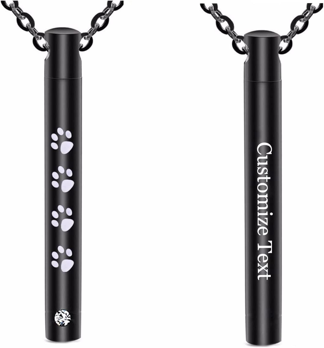 Cylinder Cremation Urn Necklace for Ashes Memorial Keepsake Pendant with Pet Paw Stainless Steel Remembrance Jewelry