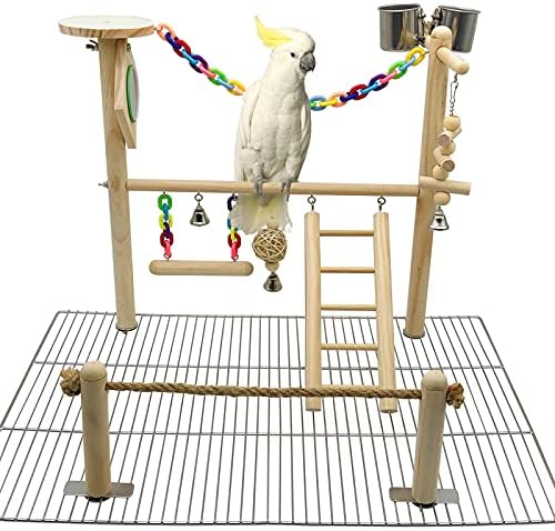 Bird Playground Top Cage, Parrot Gym Hanging Chewing Toys, Cage Top Play Stand for Conure, Parakeets, Budgie, Cockatiels, Lovebirds, Wood Perch Toys