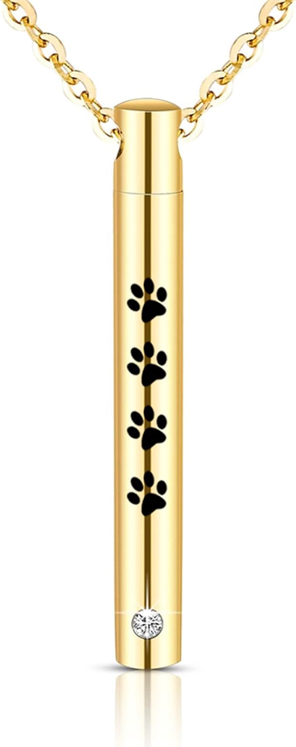 Cylinder Cremation Urn Necklace for Ashes Memorial Keepsake Pendant with Pet Paw Stainless Steel Remembrance Jewelry