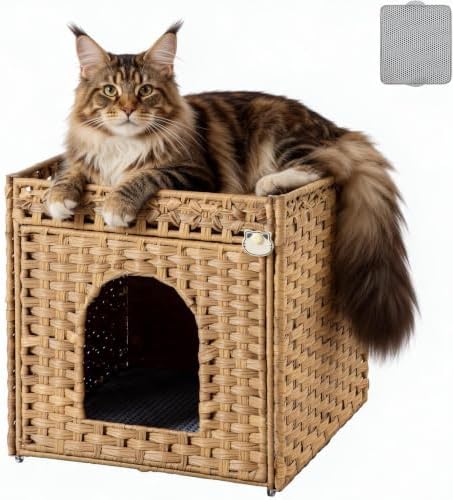 Cat Litter Box Enclosure, Extra Large Hidden PE Rattan Natural,Spacious Double Door PE Rattan Cat Washroom Bench, Side Table Look, Metal Frame