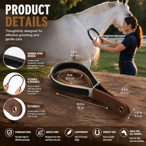 2 in 1 Horse Shedder Scraper Dual-Sided Shedding Brush - Stainless Steel Blade for Loose Hair & Rubber Back for Sweat Water, PU Handle Grip for Horses Cattle