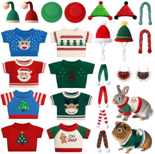24 Pcs Christmas Guinea Pig Clothes Includes 8 Guinea Pig Stuff Warm Sweaters, 8 Hand-Knitted Mini Hats, and 8 Cute Little Scarves for Hamster Bunny Small Animal Warm Costume