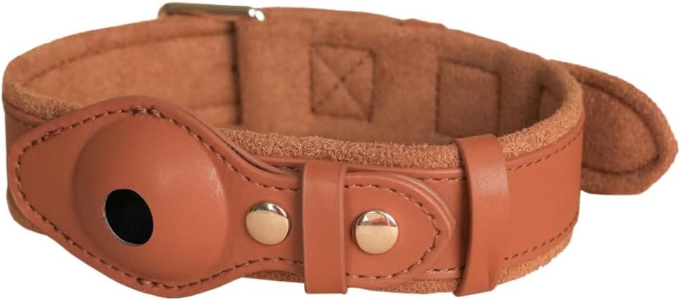 Genuine Leather Dog Collar with Smart Tag Holder Compatible with AirTag, Scratch-Resistant Finish, Microfiber Lining, Adjustable Design for All Breeds (Brown, Small: Width = 1.2"; Neck = 8" - 11")