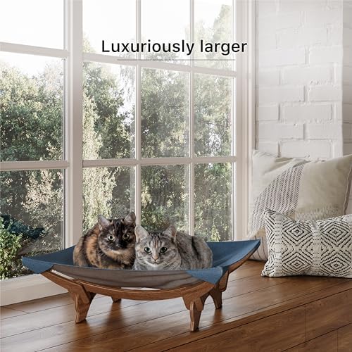 Large Cat Bed Hammock Cradle Cats Accessories 22 X 22 Inch Elevated Pet Bed for Window Perch for Large Cats or Kitty Easy Assembly Cat Furniture Gift (Classic Blue & Walnut Wood)