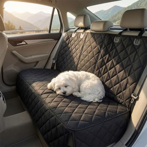 Dog Car Seat Cover with Belt, Scratchproof Washable Car Bench Seat Protector, Universal Non-Slip Vehicle Interior Pet Backseat Cover for Cars SUVs Trucks (Black)