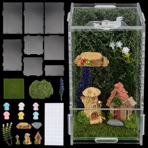 WEBEEDY Jumping Spider Enclosure Kit DIY Insects Habitat, Small Reptile Terrarium Praying Mantis Terrariums Acrylic Terrarium with Complete Habitat Decor for Spider & Insect, 8x8x15cm/3.15x3.15x5.9