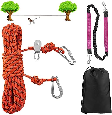 Dog Tie Out Cable for Camping - 50 feet Heavy Duty Overhead Trolley System and Dog Rope Buffer Leash for Dogs up to 200lbs, Portable Reflective Dog Lead Line for Yard, Park and Outdoor