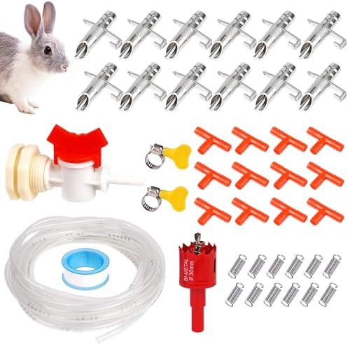 Automatic Rabbit Watering System Kit Rabbit Water Dispenser Include 12 Nipple Drinker, Hose, Connector, Hole Opener, Small Animal Water Feeder (Silver, 12 Nipple Drinker Kit)
