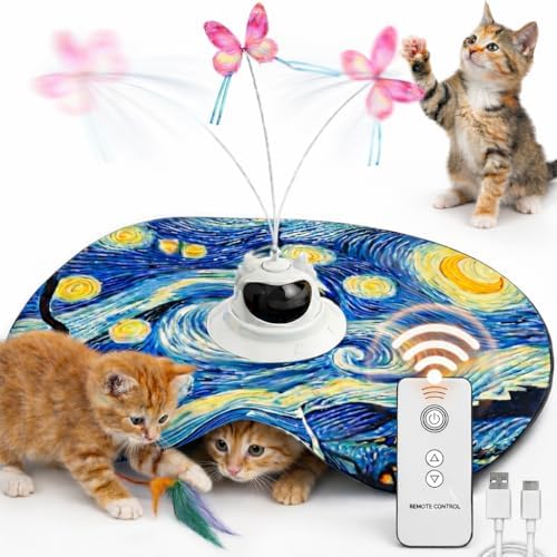 Interactive Cat Toy for Indoor Cats – Rechargeable Hide & Seek Toy for Bored Adult Cats, Touch Activated, Fluttering Feather & Butterfly, 360° Random Motion, Remote Control – Starry Night Design