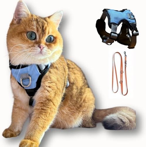 Cat 5-Point Adjustable Harness and Leash Set, Sky Blue Polyester, 5-Point Adjustable Vest with Reflective Lines Prefect for Outdoor Soft Comfortable (Medium)