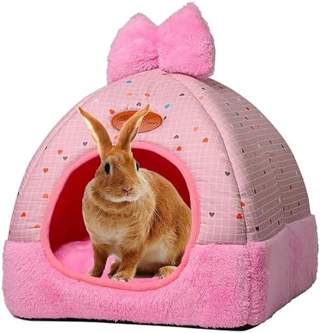 Bunny Hideout Bed - Warm Rabbit House with Cute Bowknot, Cozy Hideouts & Cage Accessory for Guinea Pigs, Chinchillas, Hamsters (Pink)
