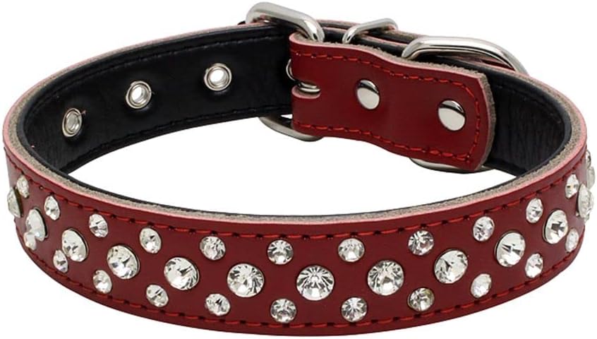 Rhinestones Dog Collar, Adjustable Sparkly Crystal Studded Genuine Leather Pet Dog Collar for Small and Medium Dogs (M, Red)