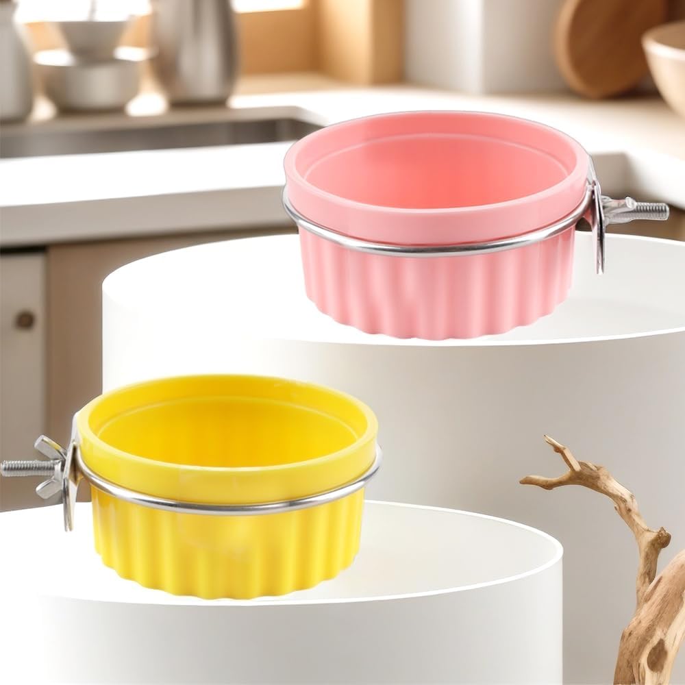 2 Pack Bird Detachable Bowl Plastic Food Cup Convenient Hanging Seed Water Feeder for Bird Parrot Canary Finch Parakeet Budgie Cockatiel Lovebird