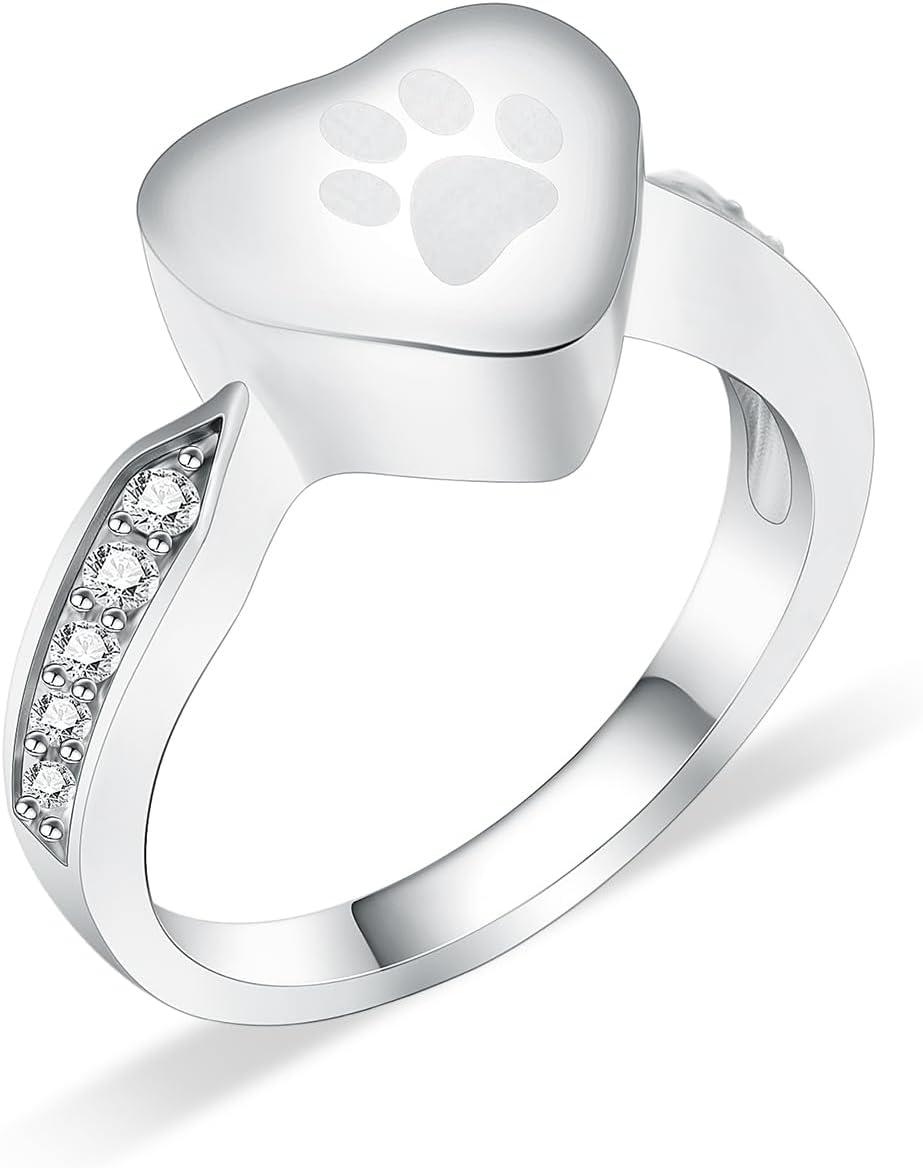 Love Heart Urn Ring for pet Dog Cat's Ashes Keepsake Memorial Jewelry Paw Print Cremation Finger Rings