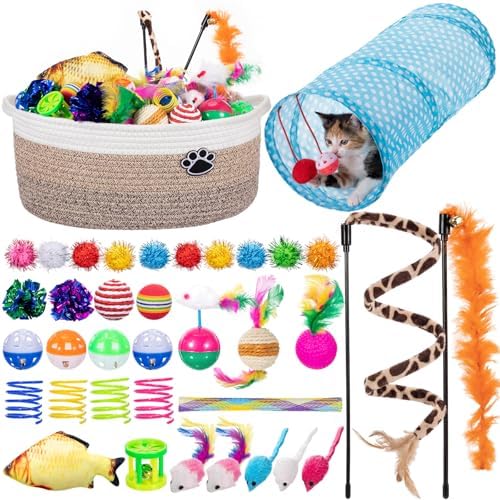 Leitee 38 Pcs Cat Storage Basket Gift Toy Set Kitten Toys, Including 2 Way Tunnel, Bell Crinkle Balls Spring Feather Teaser Sisal Ball Simulated Fish, Interactive for Indoor Pet