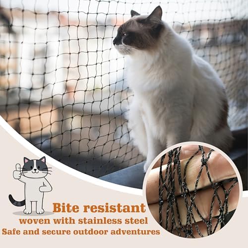 Cat Netting,Balcony Netting for Pets,Steel Wire Reinforced Balcony Screen for Pets, Anti-Fall Cat Net for Balcony and Windows,Stair, Patio（Black,10 * 20ft）
