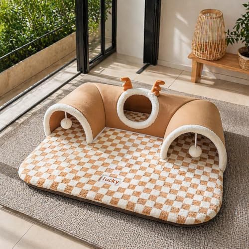 Cat Tunnel Bed for Indoor Cats, Removable Cute Cat Tunnel for Small Large Cats with Plush Balls Toys, Peekaboo Pet Cave Play Tunnel for Kitten, Puppy, Rabbit(Brown,Medium)