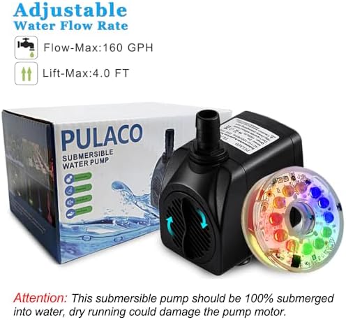PULACO 160GPH Small Fountain Pump, 10Watt Submersible Pump with Automatic Color Changing LED Light and 3.3 ft Tubing for Water Feature, Outdoor Pond, Aquarium fish tanks
