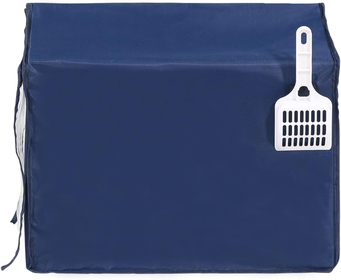 Foldable Cat Privacy Enclosure with Splash Guard – Navy Blue Hidden Pet Toilet Furniture with Scoop Holder, Odor Control & Transparent Door Curtain for Small/Medium Cats(Blue Cover only)