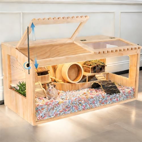 Wooden Hamster Cage,Chewproof,32"x16"x15"Large Hamster Cage,2 Washable Liners,Small Animal Cage for Dwarf Syrian Hamsters Degus Mice & Other Small Pets.