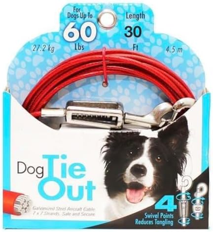 Rocky Mountain Goods Dog Tie Out Cable with Spring (30 Foot) - Steel Tether Wire Dog Cable for Large Dogs up to 60 Pounds - 4 Swivel Points Reduce Tangling - Strong Vinyl - Easy Open Rotating Clips
