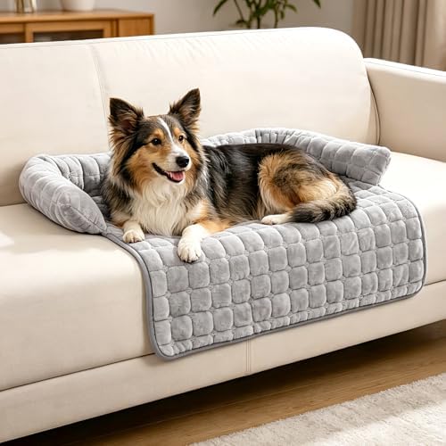 YooxArmor Plush Dog Couch Bed, Washable Removable Pet Sofa Mat with Raised Edge & Non-Slip Bottom, Furniture Protector Bed for Small Medium Dogs Cats