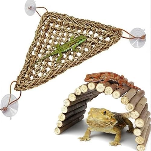 Bearded Dragon Hammock, Reptile Tank Decor with Climbing Hammock & Natural Wood Hideout for Bearded Dragon, Leopard Gecko, Lizards, Snakes, Tortoises Habitat Enrichment