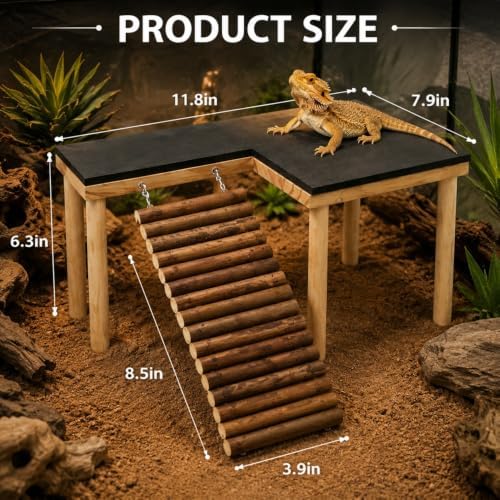 Bearded Dragon Basking Platform, Bearded Dragon Tank Accessories, Reptile Basking Rock with Climbing Ramp and Hideout Cave, Wooden Reptile Habitat Decor for Lizard Gecko Tortoise Snake